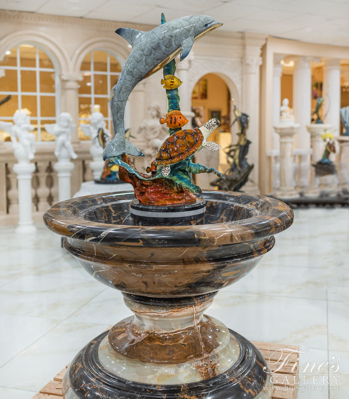 Bronze Dolphin, Sea Turtle, Tropical Fish in a Stunning Marble Catch Basin