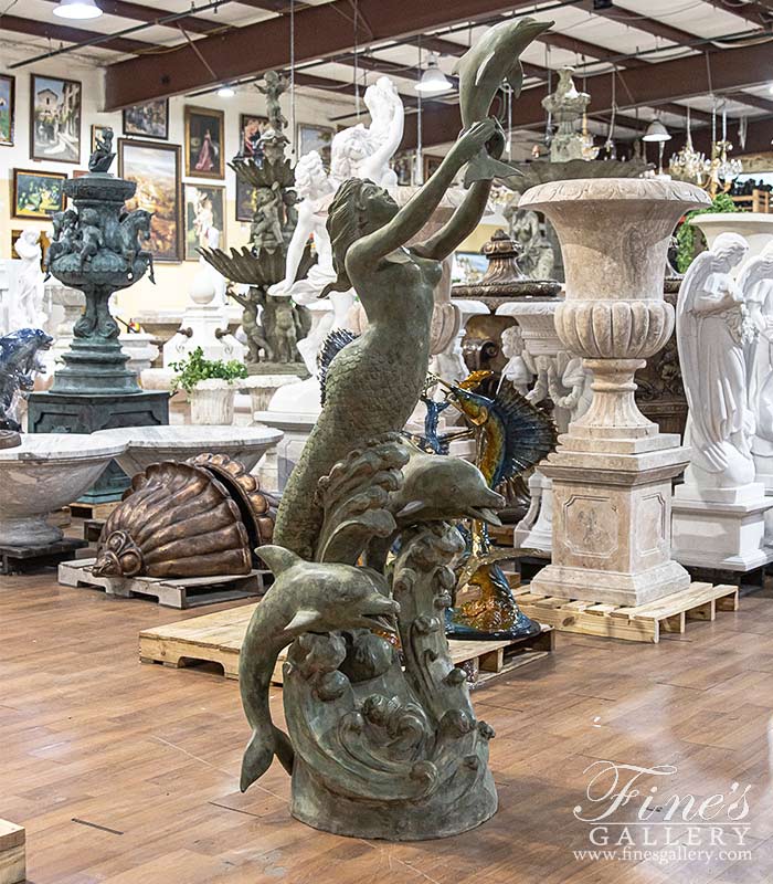 Mermaid and Dolphins Fountain in Patina Bronze