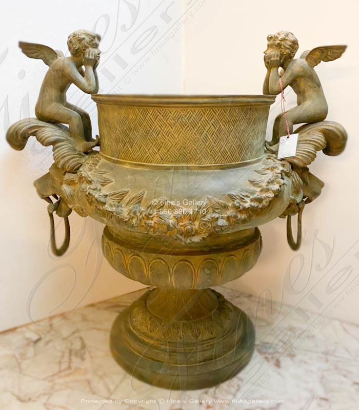 Winged Cherubim Planter Pair in Antique Patina Finish Bronze