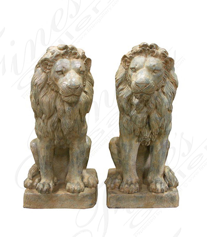 Antique Patina Seated Bronze Lion Pair