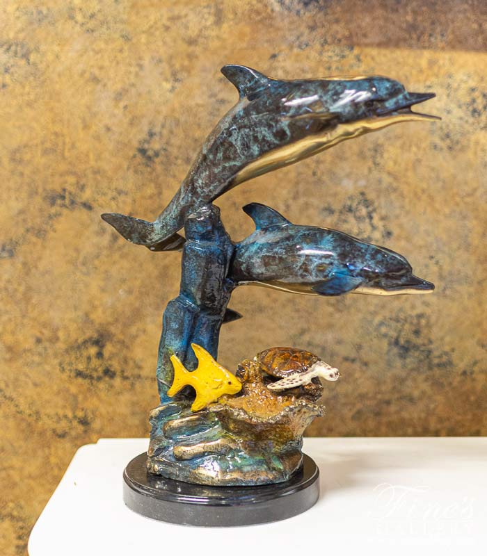 Bronze Dolphins, Tropical Fish and Sea Turtle Tabletop Statue