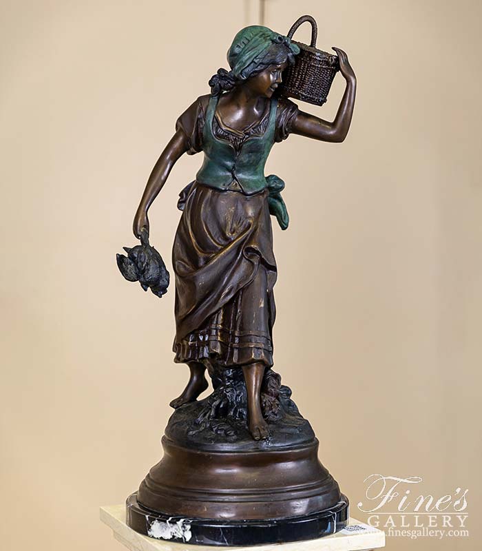 Young Girl Carrying Basket Bronze Statue
