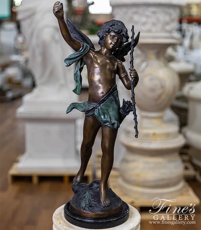 Playful Young Cherub Boy w/Staff Bronze Statue