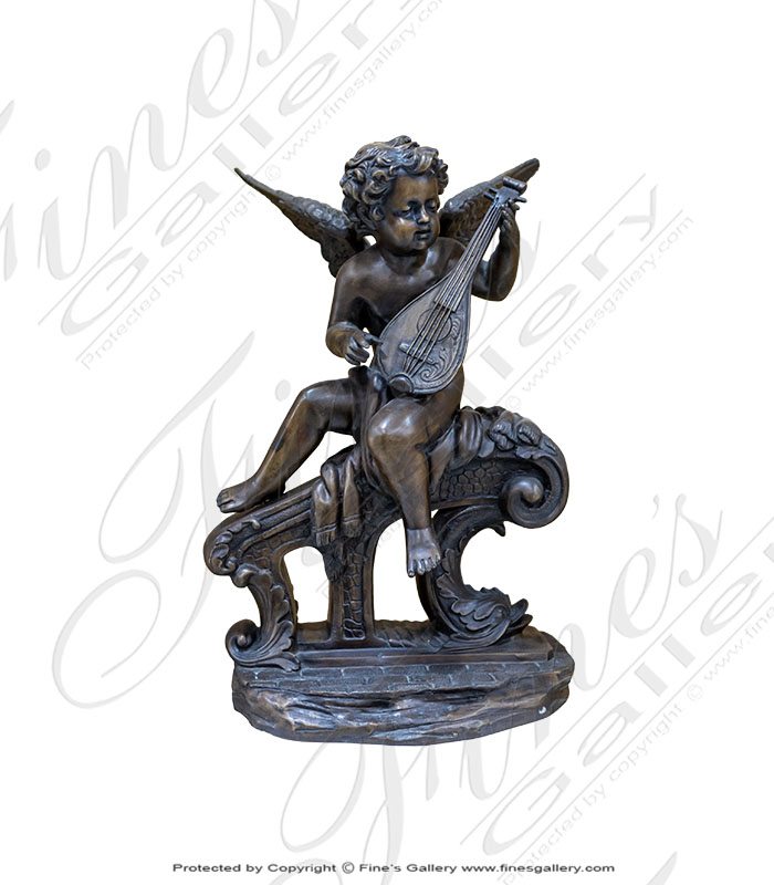 Bronze Cherub With Lute Statue