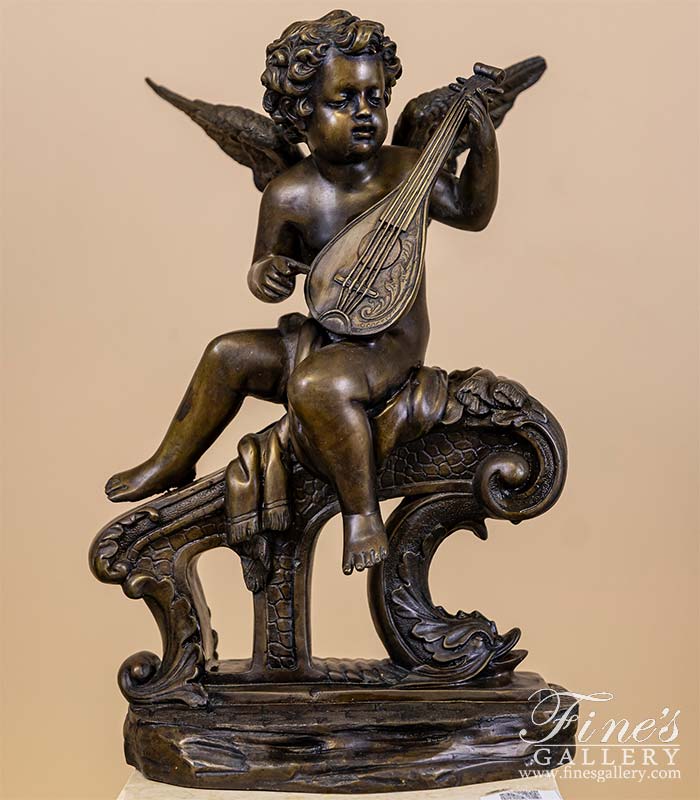 Bronze Cherub With Lute Statue