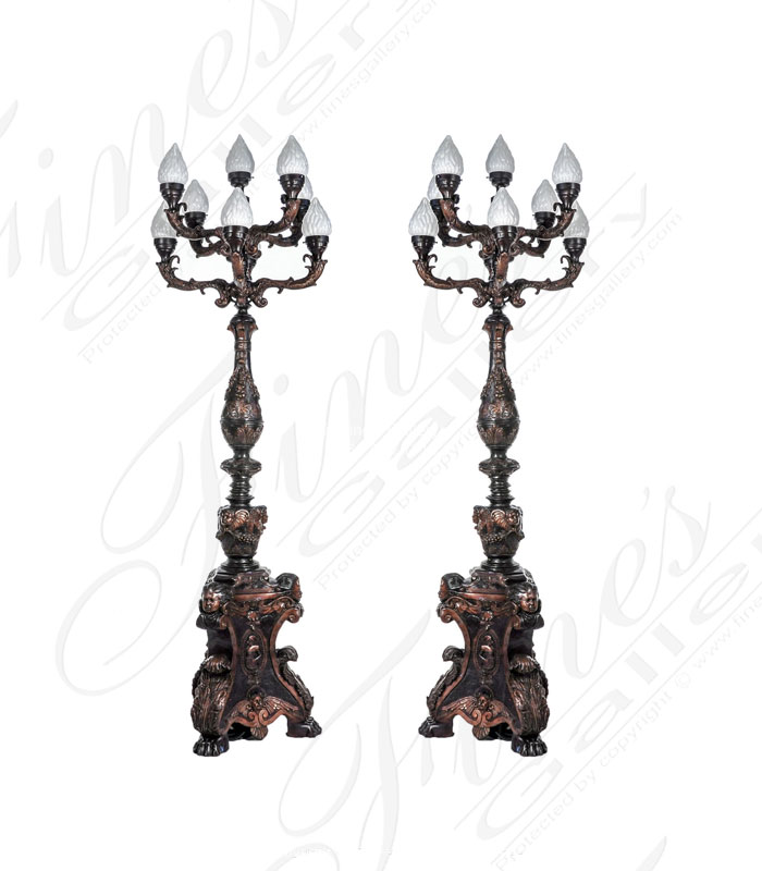 Oversized Outdoor Candelabra Bronze Lamp Post Pair