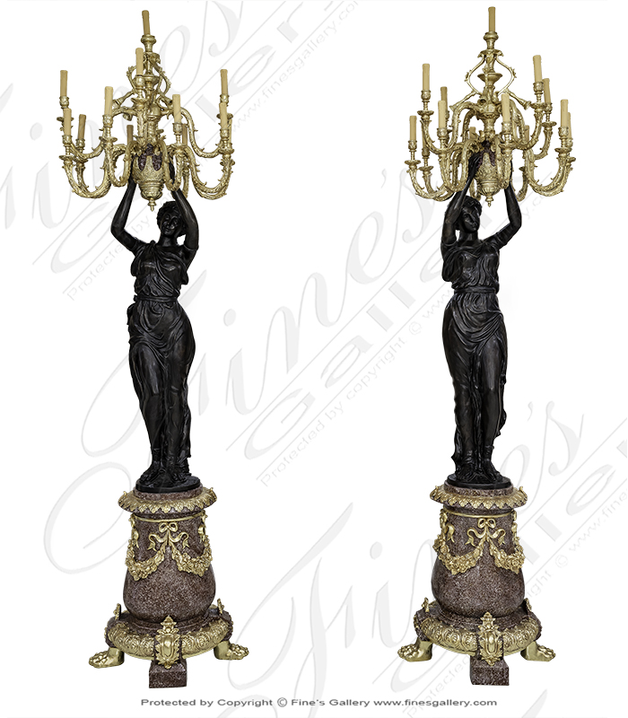 Stunning Life Size Candelabra Statue Pair with Gold Gild Chandelier