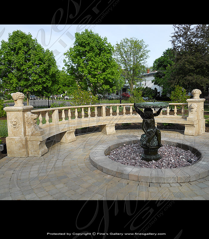 Curved Marble Bench w/Lions