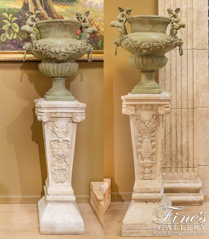 Ornate Hand Carved Pedestals in Light Travertine