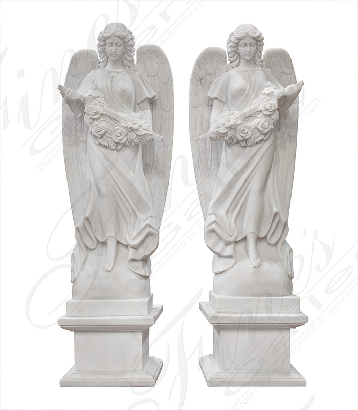 Ornate White Marble Angel Pair