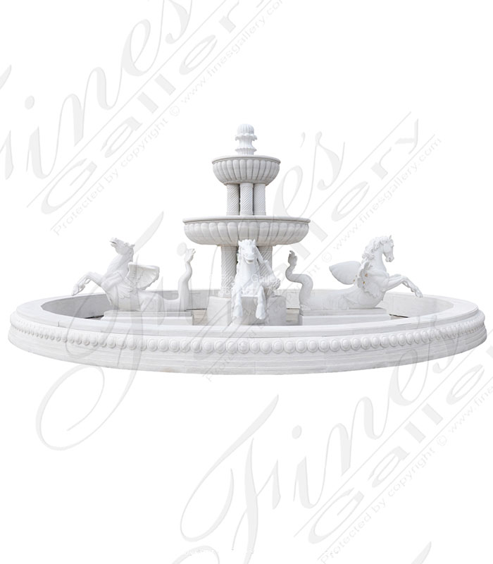 Massive White Marble Fountain Featuring Winged Horses