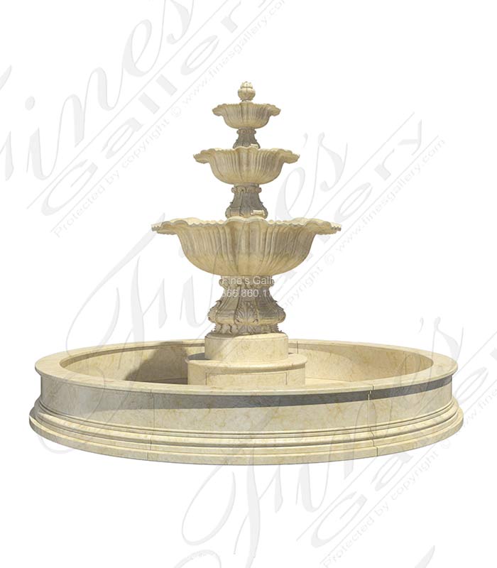 Three Tiered Cream Marble Fountain with Rround Marble Pool