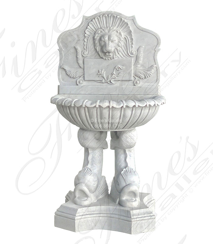 Ornate Lion and Fish Wall Fountain in Statuary White Marble