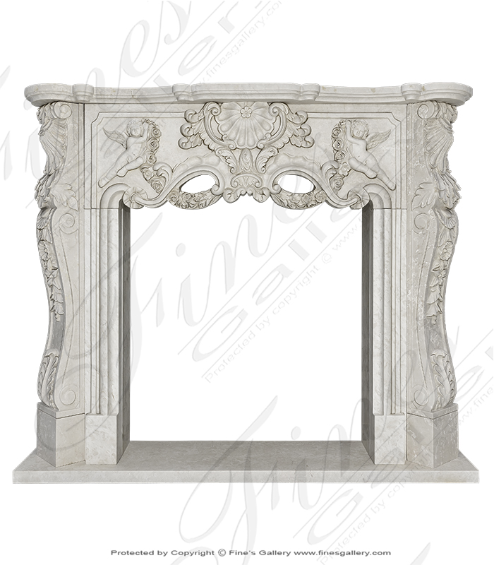 Winged Cherubs Carved Marble Mantel in Botticino Forito Italian Marble