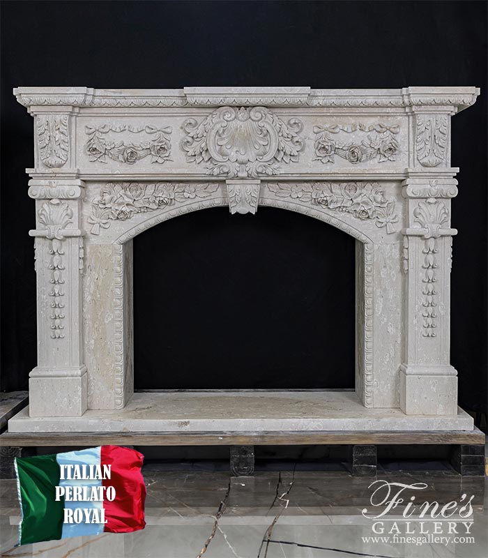 Lavish Floral Garland Italian Perlato Marble Fireplace Mantel