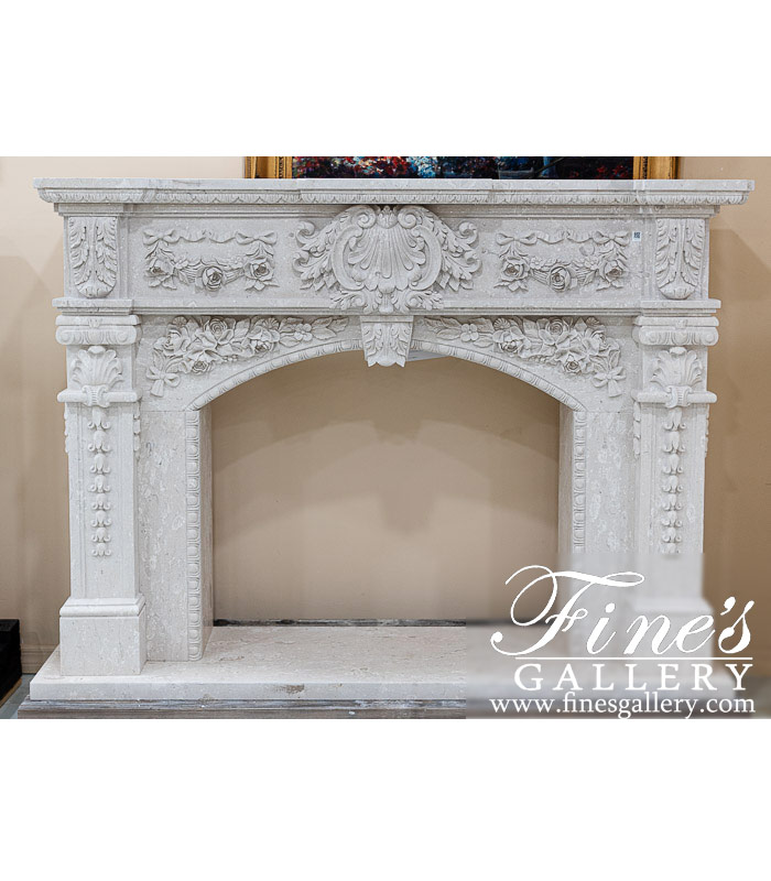 Lavish Floral Garland Italian Perlato Marble Fireplace Mantel