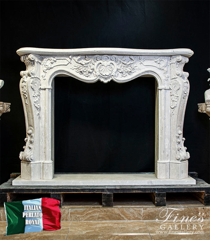 Ornate Rococo Italian Perlato Marble Fireplace Mantel