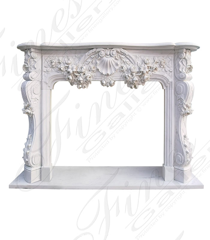 Ornate French Marble Fireplace with Rose Garlands in Deep Relief