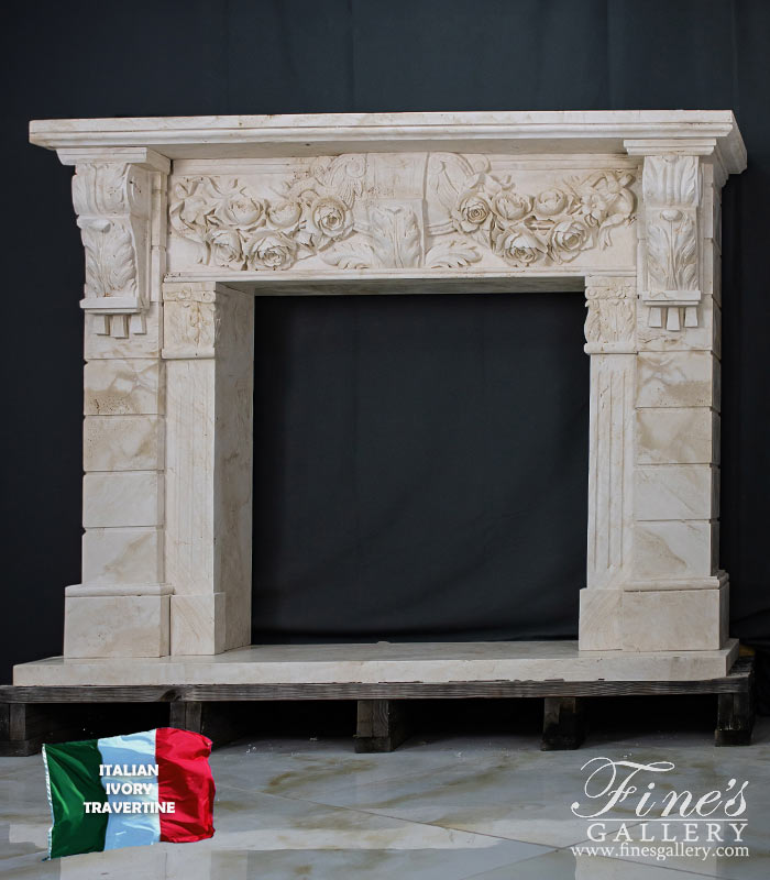 Rose Garland Mantel with Deep Relief Work in Italian Ivory Travertine