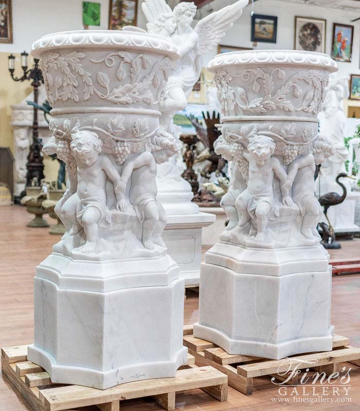 Luxurious Italian Marble Cherub Urn Pair 