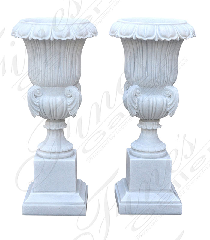Finely Carved Marble Planter Pair in Statuary White Marble