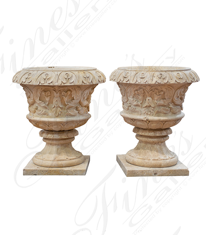 Classic Light Beige Travertine Planter Pair