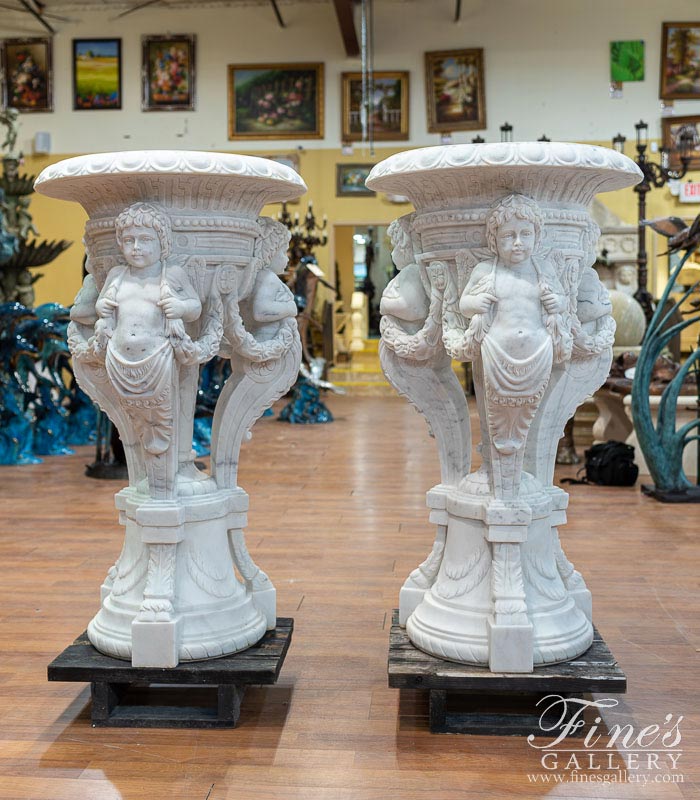 Statuary White Marble Cherub Themed Planter Pair