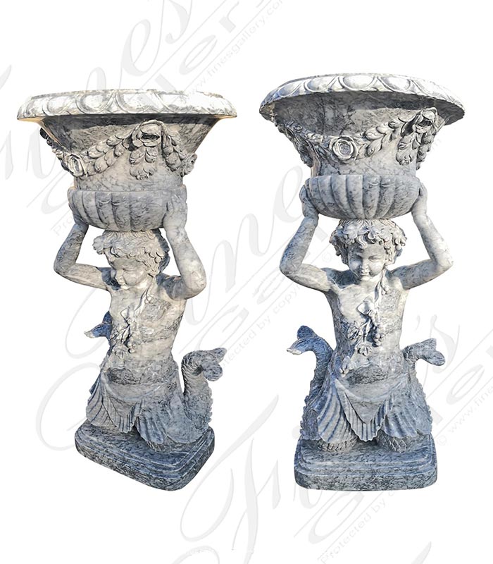 Heavily Gray Veined White Marble Cherub Planter Pair