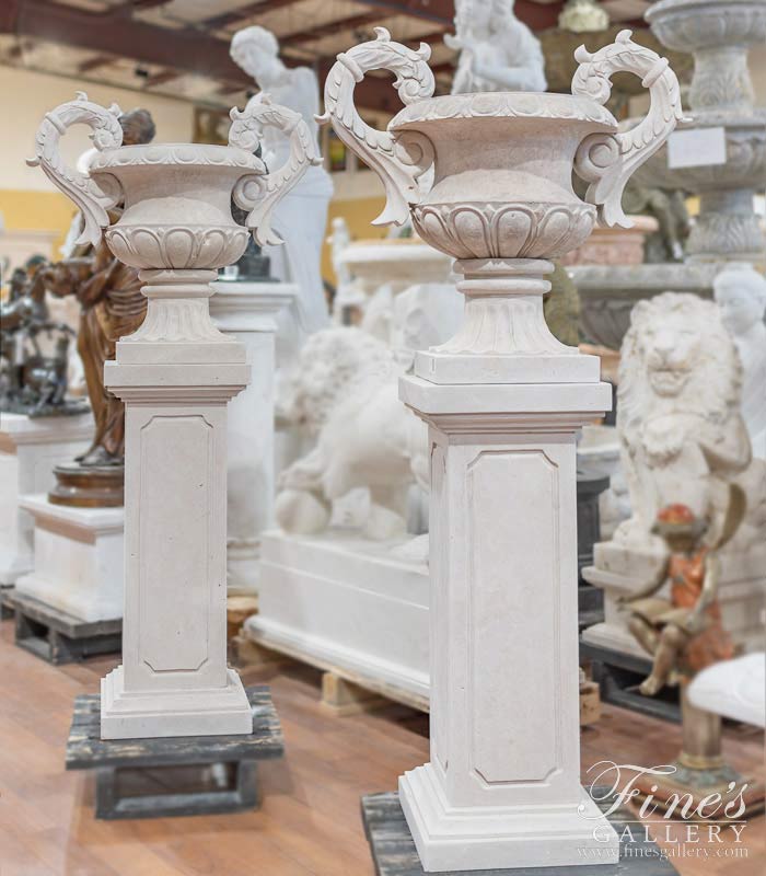 Light Travertine Planter Pair with Pedestals