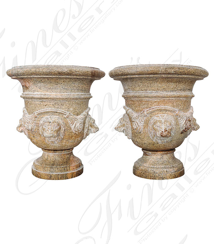 Granite Urn Pair with Four Carved Lionhead Motifs