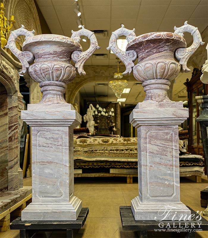 Exotic Urns and Pedestals in Arabascato Orobico Rosso Marble