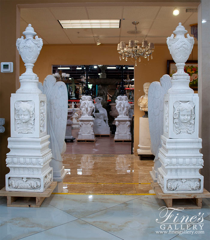 Highly Ornate Urn and Pedestal Pair in Statuary Marble