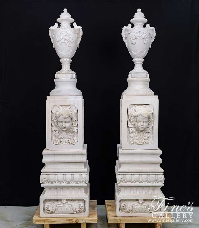 Highly Ornate Urn and Pedestal Pair in Statuary Marble