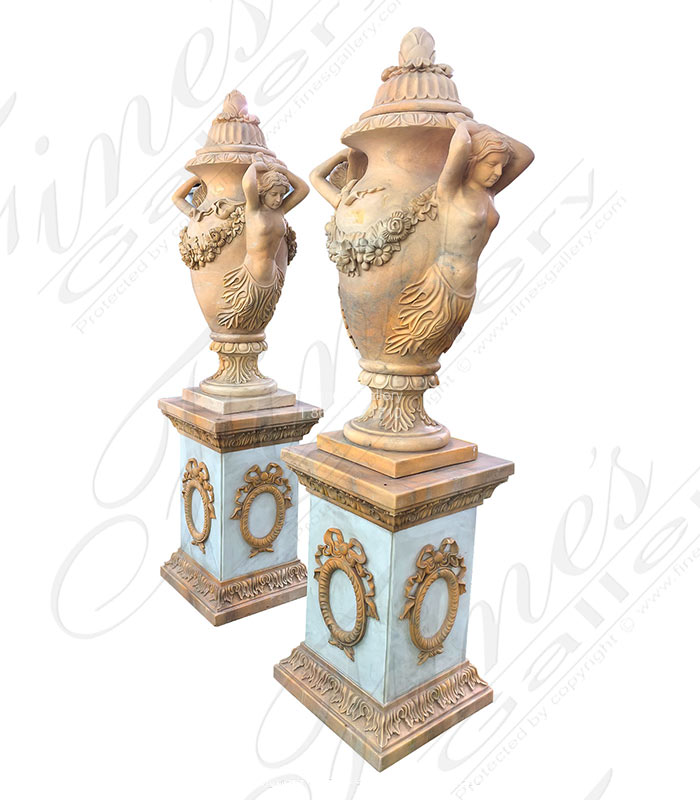 Figural Urns with Garlands in Two Toned Marble