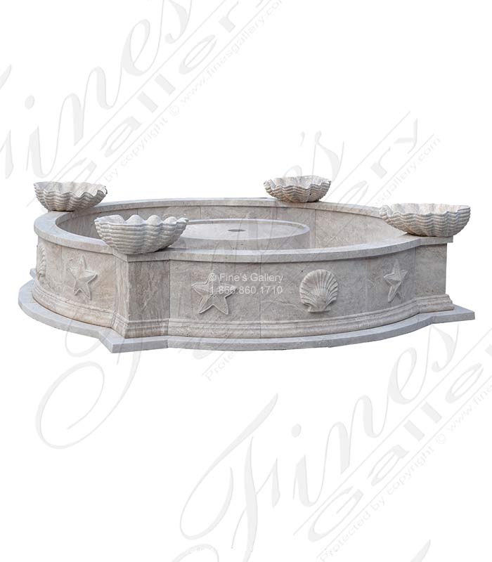 Ocean Themed Light Travertine Pool Basin with Shell Motif Water Features