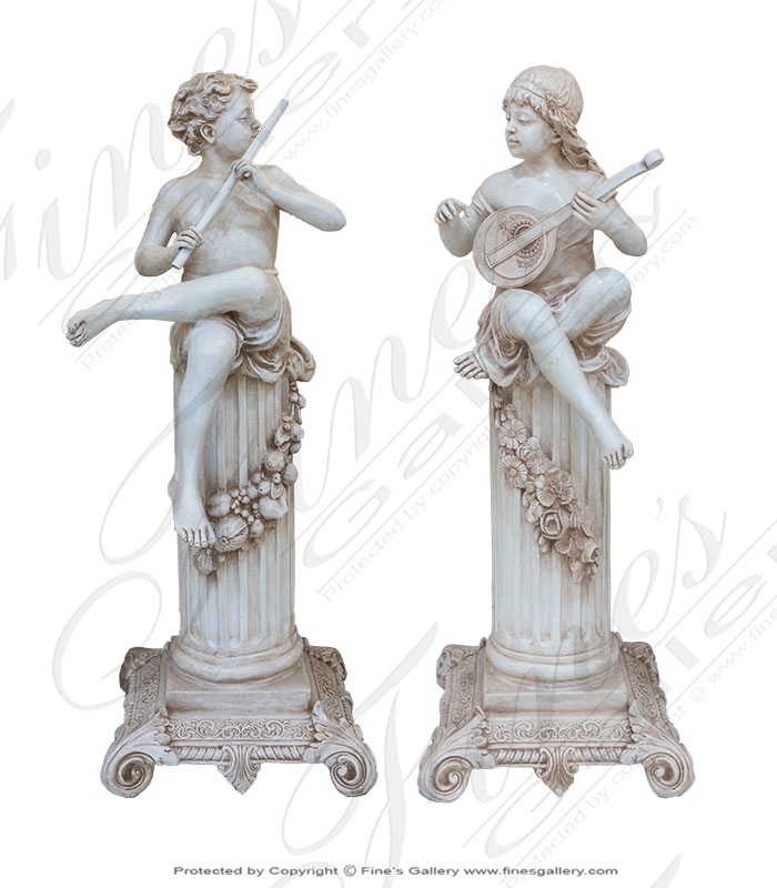 Cast Marble Child Flutist and Mandolin Player Pair