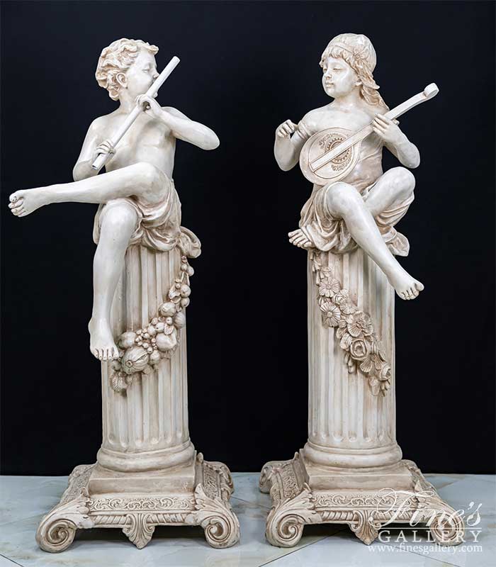 Cast Marble Child Flutist and Mandolin Player Pair