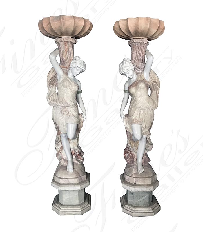 Euro Marble Statue Holding Urn Pair