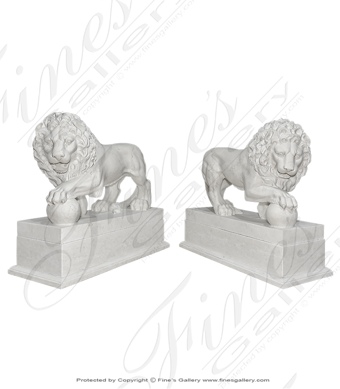 Italian Perlino Marble Lion Pair