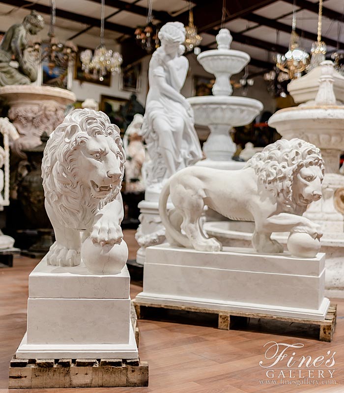 Italian Perlino Marble Lion Pair