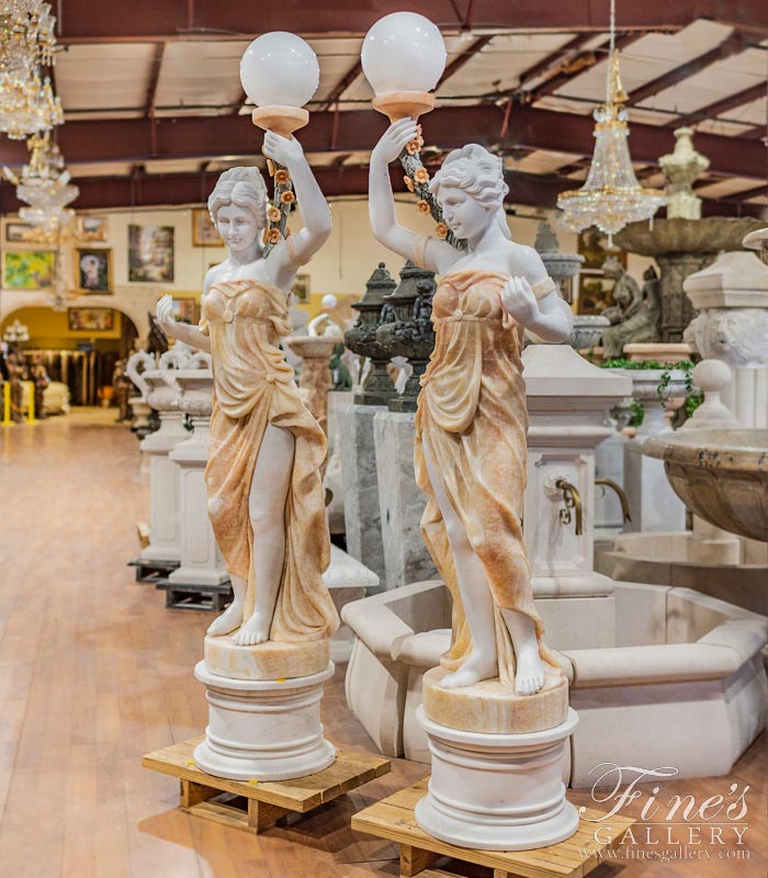 Figural Female Marble Lamp Post Pair
