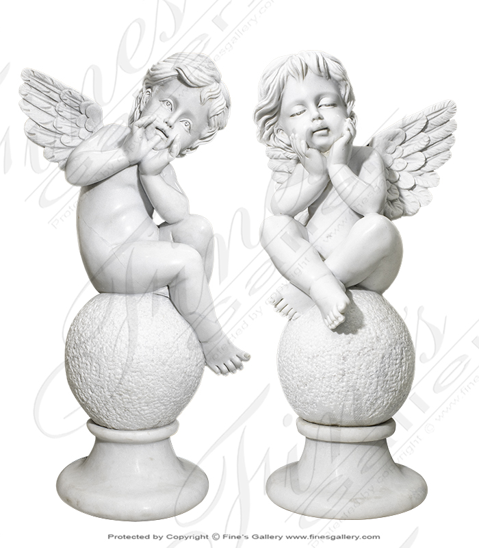 Pristine Statuary White Marble Cherub Pair