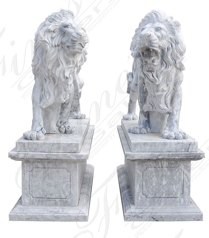 Stunning Carrara Marble Lion Pair with Matching Pedestals