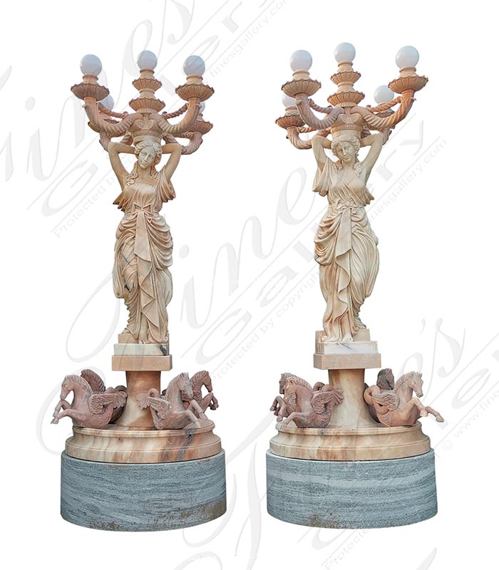 Rosetta Marble Ladies and Pegasus Lamp Post Pair