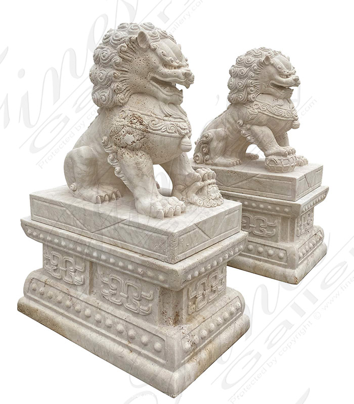 Foo Dog Statue Pair in Italian Roman Travertine