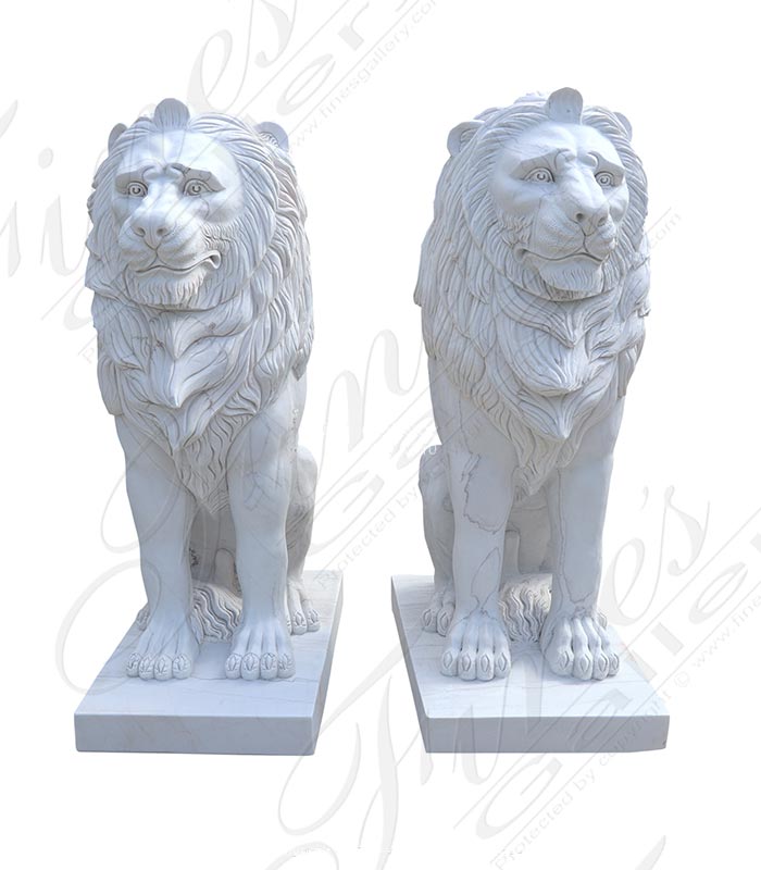 Seated Marble Lion Pair in Classic White Marble