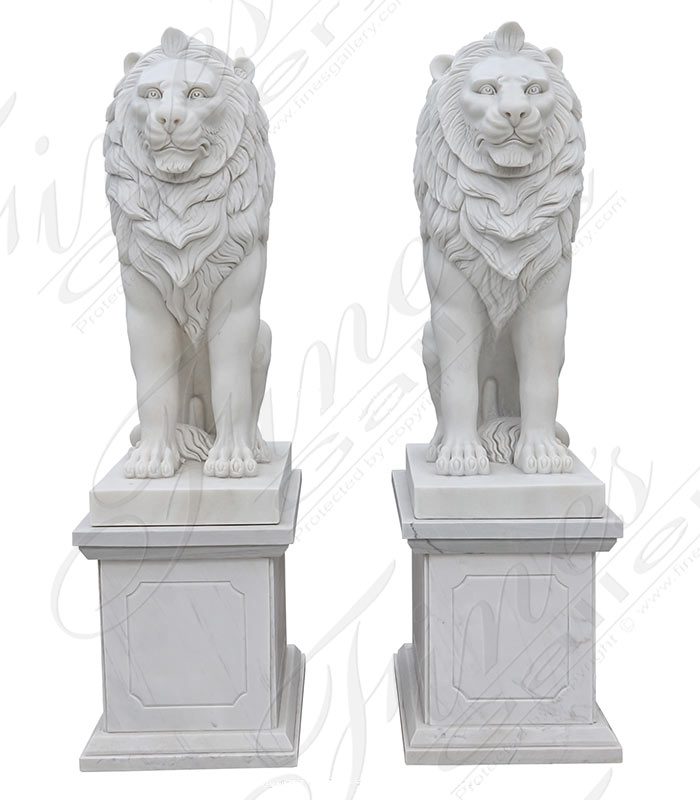 72.75 Tall Lion Pair in Statuary White Marble