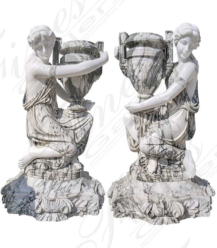 A Pair of Kneeling Urn Holding Maidens in Marble