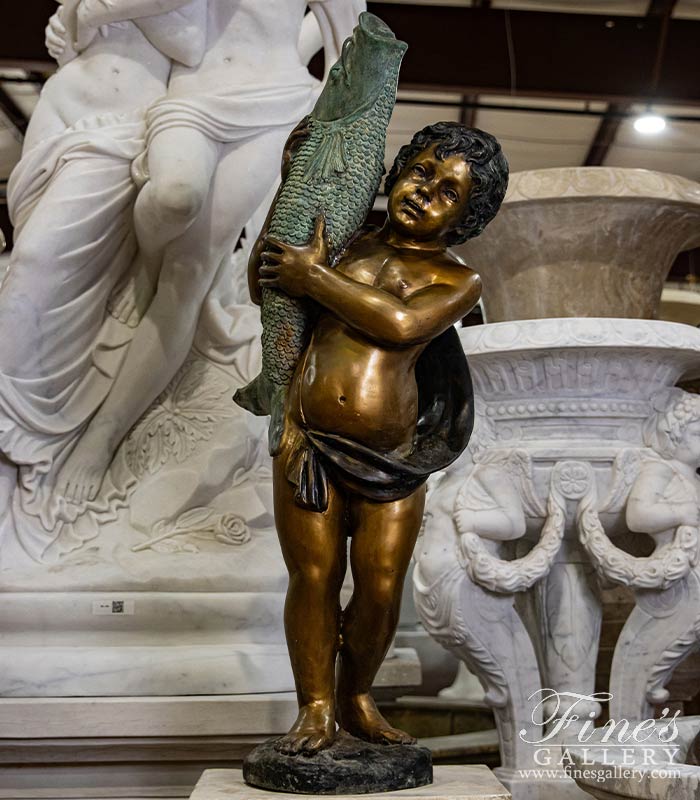 Bronze Fountains  - Boy Holding A Fish Bronze Fountain - BF-459