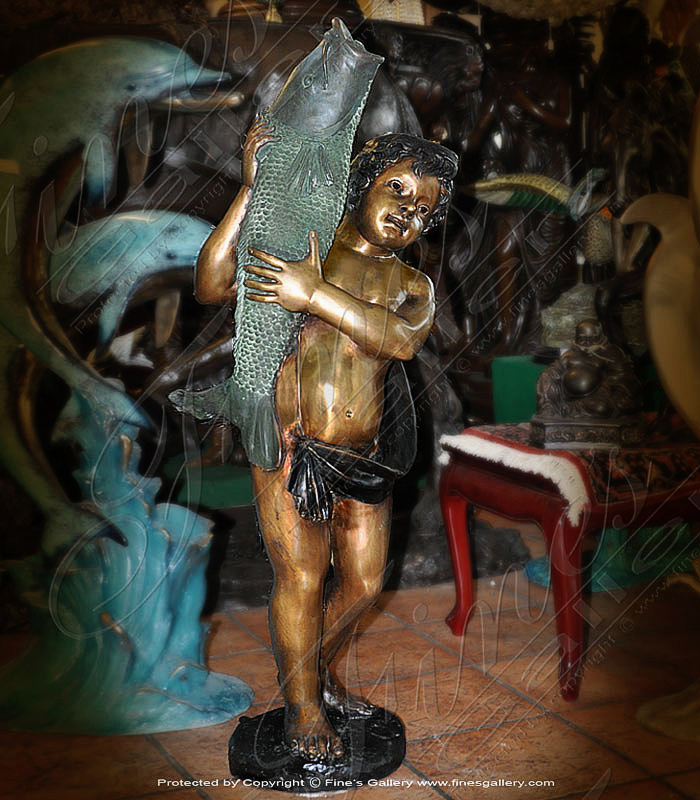 Bronze Fountains  - Boy Holding A Fish Bronze Fountain - BF-459